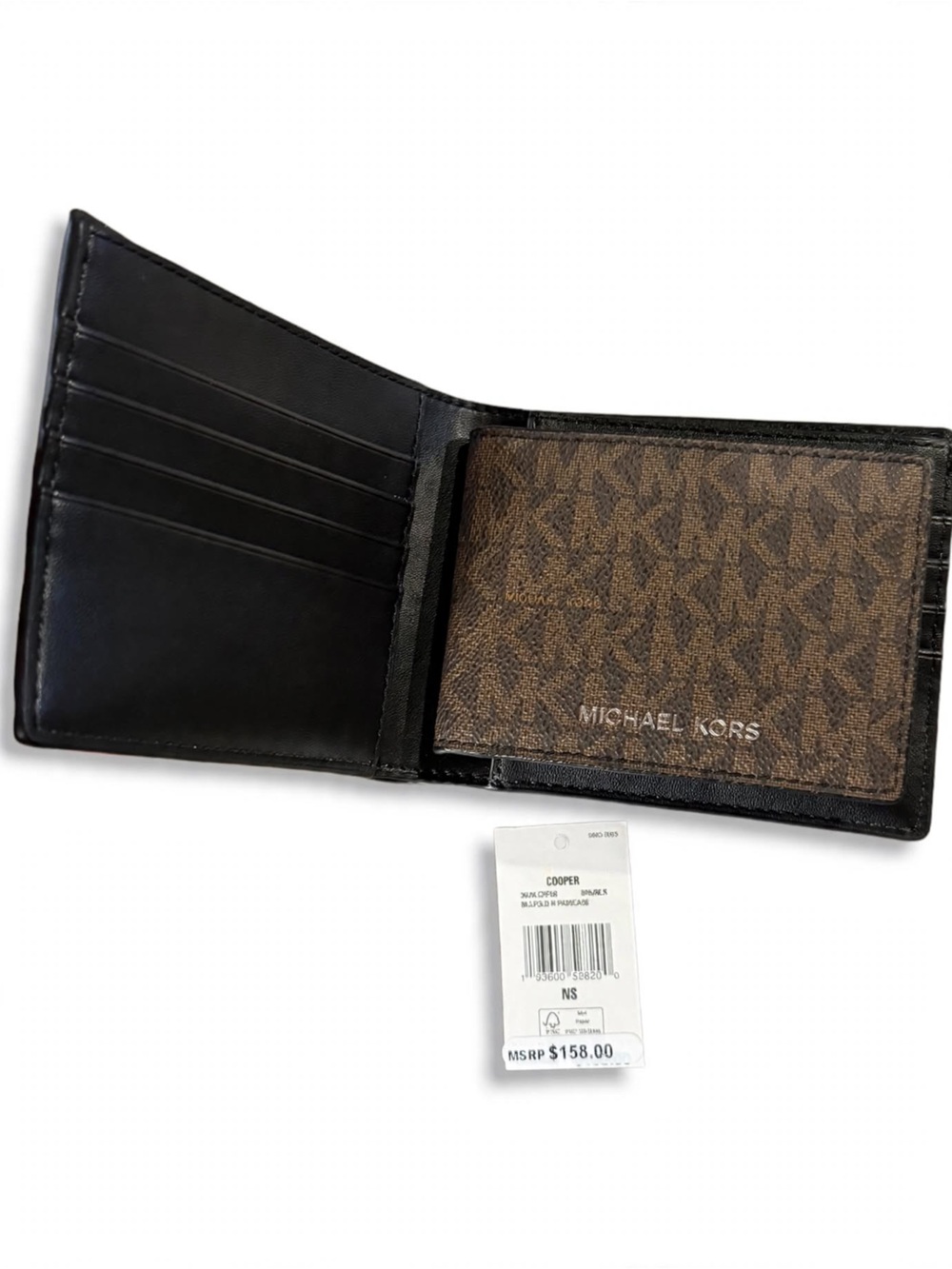 Michael Kors Cooper Billfold Wallet with Passcase Brown MK Logo Signature